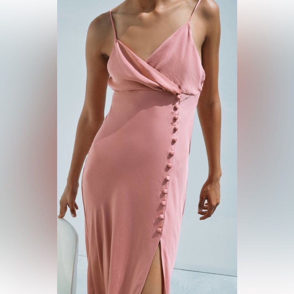 Never worn Zara silk / satin slip dress with buttons and slip. Blush color.